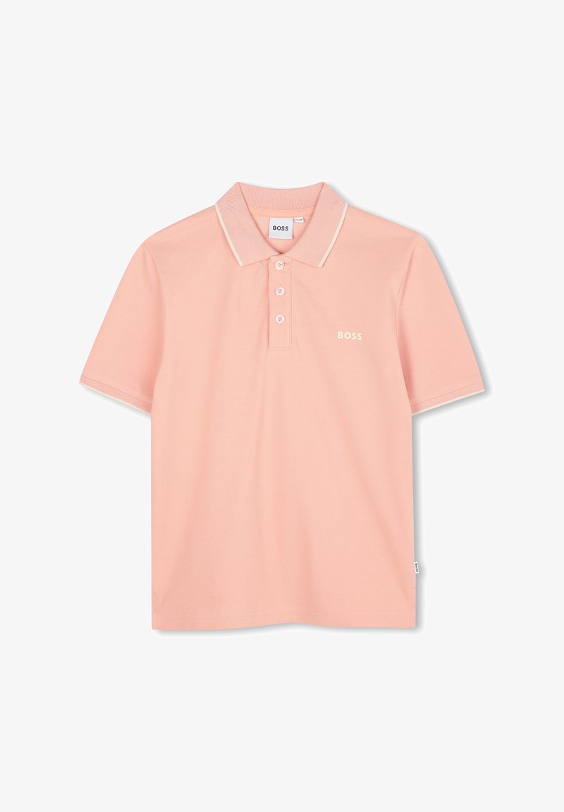 Polo shirt pour homme à manches courtes rose avec trois boutons, col et poignets côtelés, et logo "BOSS" sur la poitrine gauche.