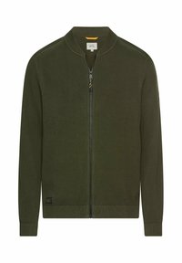 Strick-Zip-Kardiagan in Olivgrün. Verfügt über einen gerundeten Kragen, gerippte Bündchen und Saum, mit einer strukturierten Webart und einem Markenlabel an der Unterseite.