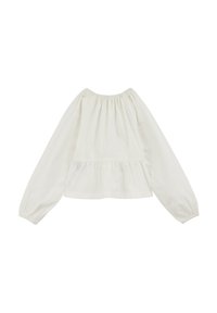 Cămașă albă cu mânecă lungă, cu guler plisat și tiv tip peplum. Fabricată dintr-un material ușor, cu mâneci largi și textură fină.