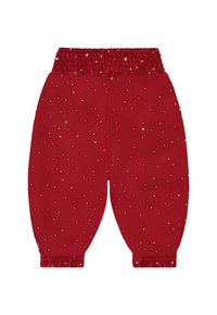 Pantaloni della tuta rossi con una cintura testurizzata, caratterizzati da un motivo a cuore impresso in oro metallico. Cavi elastici alle caviglie.