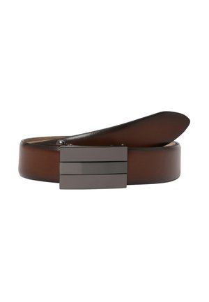 Brown leather belt with a rectangular matte black buckle, coiled with the end slightly raised against a white background.
