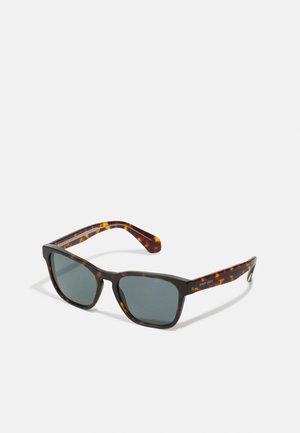 Tortoiseshell sunglasses with dark lenses, rectangular frame, and patterned temples. Features subtle logo detail on the side.