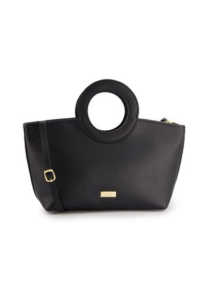Black leather handbag with a round handle, zip closure, and an adjustable strap. Features a textured finish and a small gold logo plate.