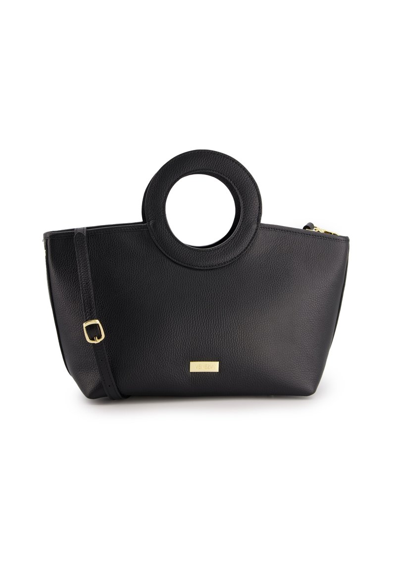 Black leather handbag with a round handle, zip closure, and an adjustable strap. Features a textured finish and a small gold logo plate.