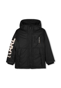 Veste rembourrée noire avec capuche, dot ée d'une fermeture éclair et de poches latérales. Logo notable sur la manche et poche poitrine zippée.