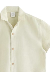 Beige short-sleeve linen shirt with collar and four wooden buttons, labeled size EUR 110/116, for children aged 4-6 years.