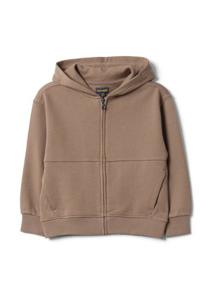 Brauner Zip-Hoodie mit Fronttaschen, gerippten Bündchen und Saum sowie Kapuze, dargestellt vor weißem Hintergrund.