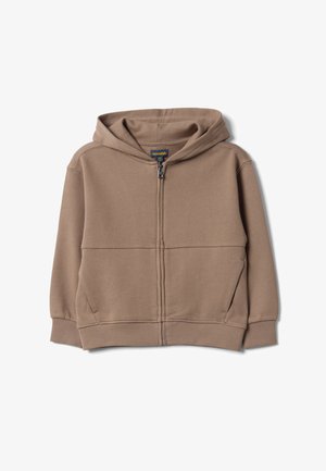 Brauner Zip-Hoodie mit Fronttaschen, gerippten Bündchen und Saum sowie Kapuze, dargestellt vor weißem Hintergrund.