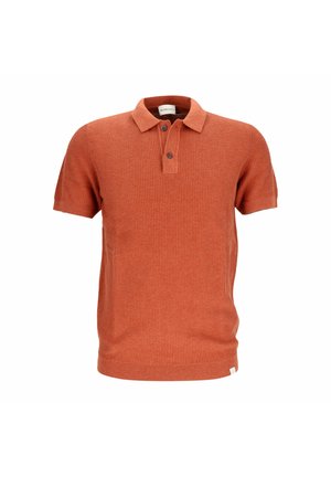 Rust orange short-sleeve ribbed polo shirt with two buttons and a small collar, displayed on a white background.