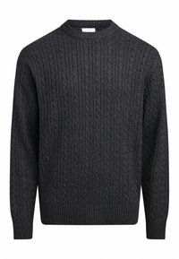Ciemnoszary sweter w splot warkoczowy z okrągłym dekoltem. Teksturalny wzór zawiera pionowe prążki oraz dopasowany ściągacz przy mankietach i u dołu.
