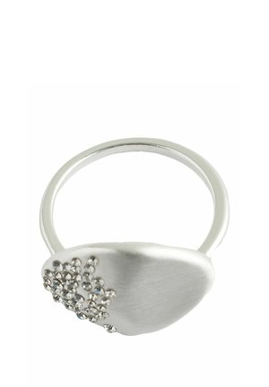 Silver ring with a smooth, rounded face adorned with clustered small clear crystals on one side.