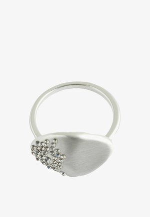 Silver ring with a smooth, rounded face adorned with clustered small clear crystals on one side.