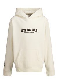 Cream-colored hoodie made of soft fabric, featuring a front pocket, drawstring hood, and the text "INTO THE WILD ARIZONA NATIONAL PARK" in black.