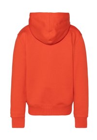Hoodie arancione con cappuccio con cordino, polsini e orlo a coste. Realizzato in un morbido tessuto testurizzato. La vista posteriore mostra un design senza cuciture.