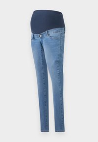 Maternity jeans with a dark blue stretchy waistband, slim-cut legs in light blue denim, featuring a front coin pocket and stitching details.