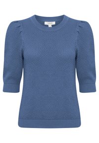 Blau gestrickter Pullover mit kurzen Puffärmeln, strukturiertem Muster, runder Ausschnitt und gerippten Bündchen und Saum.