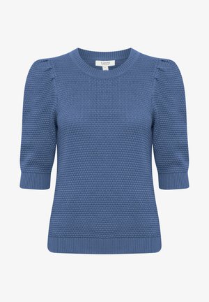 Blau gestrickter Pullover mit kurzen Puffärmeln, strukturiertem Muster, runder Ausschnitt und gerippten Bündchen und Saum.