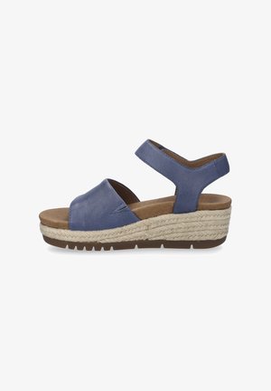 Blue leather sandals with a wide strap, an adjustable ankle band, and a jute-wrapped wedge sole. Flat, textured outsole for grip.