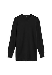 Sort langærmet ribbet t-shirt med rund halsudskæring og tætsiddende manchetter, lavet af tekstureret stof, der fremhæver en afslappet pasform.