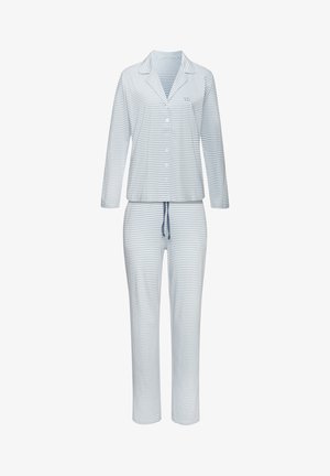 Gestreiftes Pyjama-Set in Hellblau und Weiß. Langärmliges Oberteil mit Knöpfen und Kragen, passende Hose mit elastischem Kordelzugbund.