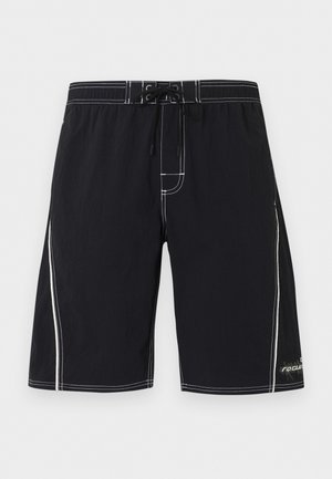 Μαύρο μαγιό σορτς με άσπρες αντίθετες ραφές, κορδόνια μπροστά και λογότυπο στο αριστερό πόδι κοντά στη ραφή.