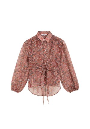 Blusa transparente de manga larga con estampado floral rojo, cierre de botones en la parte delantera, cuello, puños elásticos y detalle de lazo frontal en la cintura.