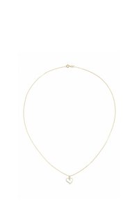 Zelta krāsas kaklarota ar smalku ķēdīti un sirds formas piekariņu, kurā ir neliels dimanta akcentiņš. Vienkāršs un elegants dizains.