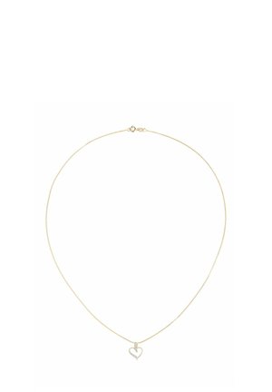 Gouden ketting met een delicate schakel en een hartvormige hanger met een kleine diamantaccent. Eenvoudig en elegant ontwerp.