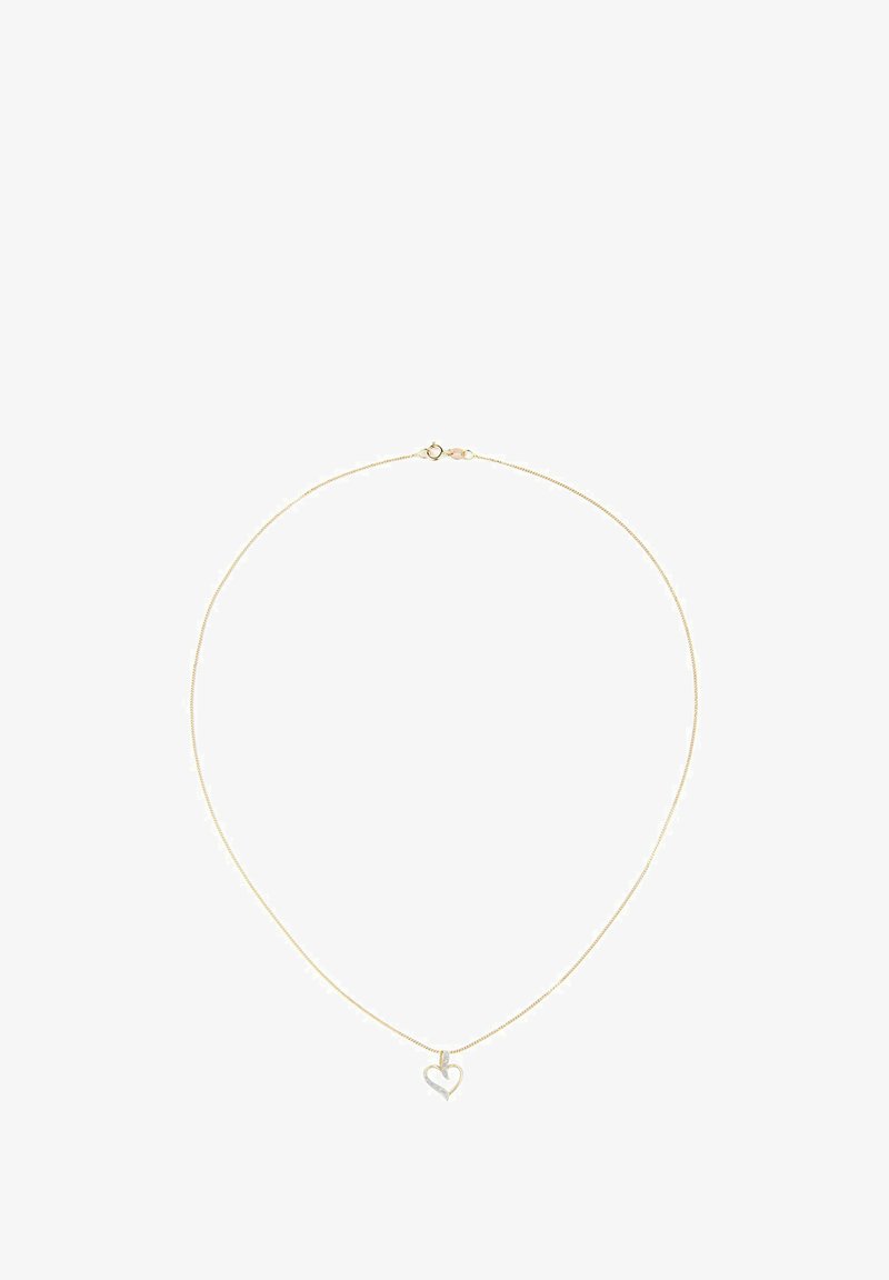 Zelta krāsas kaklarota ar smalku ķēdīti un sirds formas piekariņu, kurā ir neliels dimanta akcentiņš. Vienkāršs un elegants dizains.