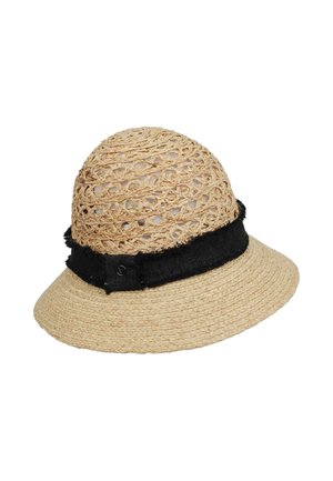 Braided straw hat with a wide brim, featuring a black fabric band and accent. The structure is round with an open weave design.