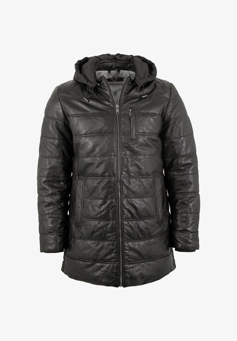 Schwarze gepolsterte Lederjacke mit Frontreißverschluss, Kapuze mit Kordelzügen, Brusttasche mit Reißverschluss und zwei Seitentaschen.