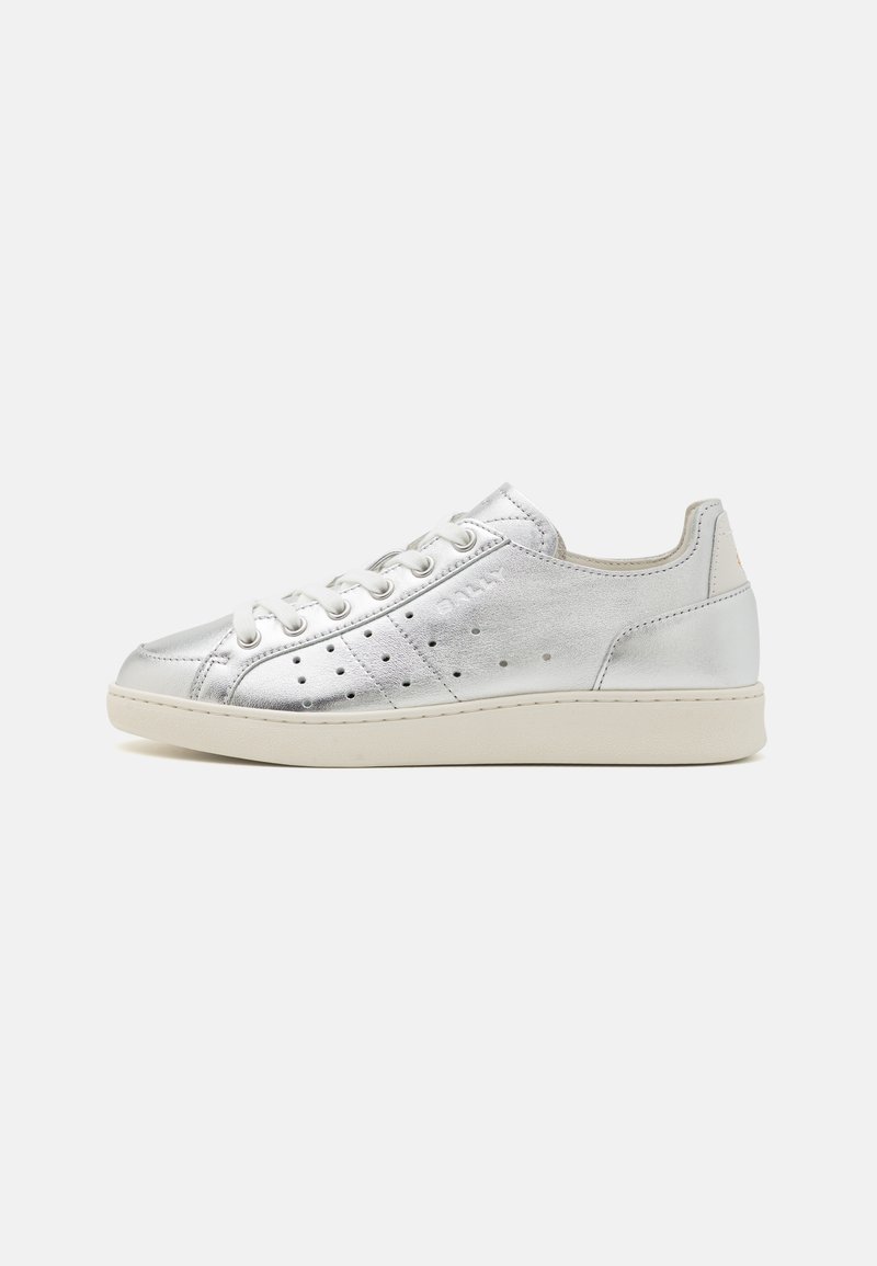 Silver metallic sneakers with a smooth texture, rounded toe, lace-up design, and perforated detailing on the sides. Cream-tone sole.