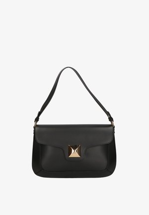 Zwarte leren handtas met een rechthoekige vorm, voorzien van een gouden metalen accent op de voorklep en een enkele schouderband.