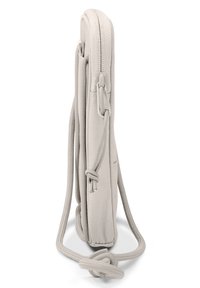 Gray fabric pouch with a slim design, featuring a zipper closure, knotted cord detail, and a soft, textured surface.