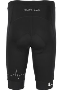 Zwarte compressiekorte broek met elastische tailleband, voorzien van een achterste paddingdetail en een hartslaglijn graphic aan de onderzijde.