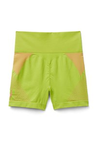Gröna sportshorts med en bred midjeband. Geometriska meshdetaljer i ljusrosa och en texturerad yta på tyget. Kompakt design.