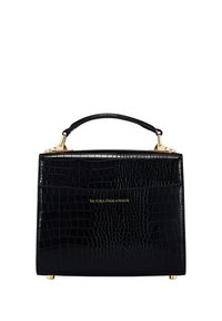 Borsa nera con motivo coccodrillo, dalla forma strutturata, con hardware dorato e manico superiore. Nome del marchio impresso sul fronte.