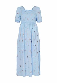 Gaiši zils maxi kleita, kas izgatavota no teksturēta auduma, ar īsām puff piedurknēm, kvadrātveida dekoltē un ziedu izšuvumiem.