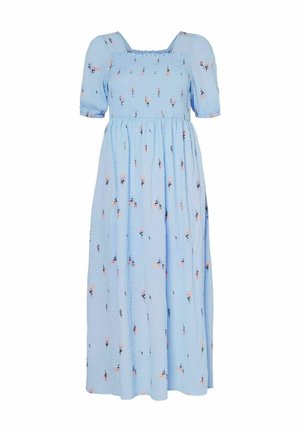 Maxi vestido de color azul claro, hecho de una tela texturizada, con mangas cortas abullonadas, escote cuadrado y bordado floral.