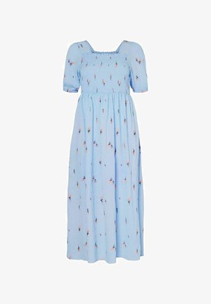 Svetlo modra maksi obleka iz teksturirane tkanine, s kratkimi naborki, kvadratnim izrezom in cvetličnim vezenjem.