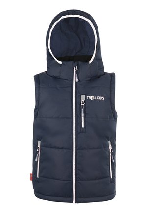 Gilet matelassé bleu marine avec capuche, comportant une fermeture éclair avant, deux poches latérales, et un bord blanc le long de la capuche et des bords de la fermeture éclair. Logo de la marque affiché.