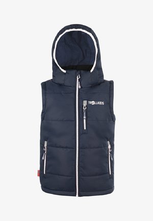 Gilet matelassé bleu marine avec capuche, comportant une fermeture éclair avant, deux poches latérales, et un bord blanc le long de la capuche et des bords de la fermeture éclair. Logo de la marque affiché.