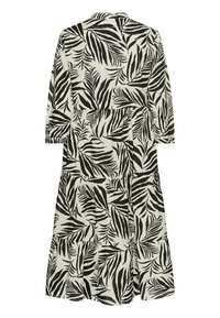 Schwarz-weiß gemustertes Kleid mit Blattdesign, 3/4-Ärmeln, einem Kragen und einem gestuften Rock. Hergestellt aus leichtem Stoff.