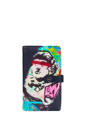 Leather wallet with a multicolored graffiti design featuring a blindfolded sculpture. Navy background with pink, green, and yellow accents.