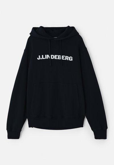 Felpa nera realizzata in un morbido tessuto, con tasca a marsupio, cappuccio con coulisse e un audace logo bianco sul davanti.