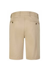 Beige Shorts aus leichtem Material, mit flacher Vorderseite, zwei Gesäßtaschen mit Knöpfen und dezenten Nähdetails.