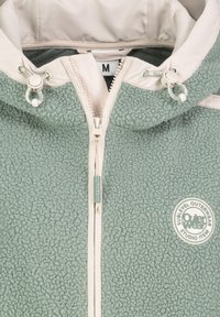 Fleecejack in lichtgroen met een ritssluiting. Beschikt over een gladde voering van de capuchon, witte accenten en een rond logo-opdruk op de borst.