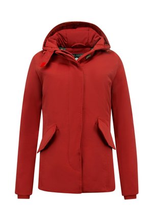 Rood jack met capuchon van een gladde stof, voorzien van twee zakken aan de voorkant, een ritssluiting over de volledige lengte en elastische manchetten. Heeft een gevoerde binnenkant.