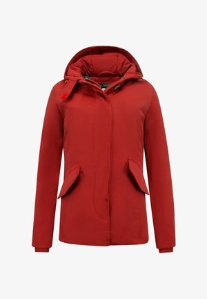 Rood jack met capuchon van een gladde stof, voorzien van twee zakken aan de voorkant, een ritssluiting over de volledige lengte en elastische manchetten. Heeft een gevoerde binnenkant.
