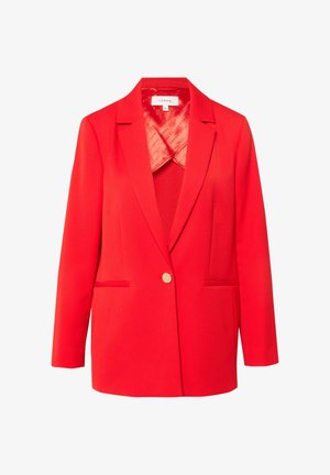 Czerwona damska marynarka z klapami z wycięciem, pojedynczym złotym guzikiem, dwoma przednimi kieszeniami z patką oraz markową podszewką wewnętrzną.